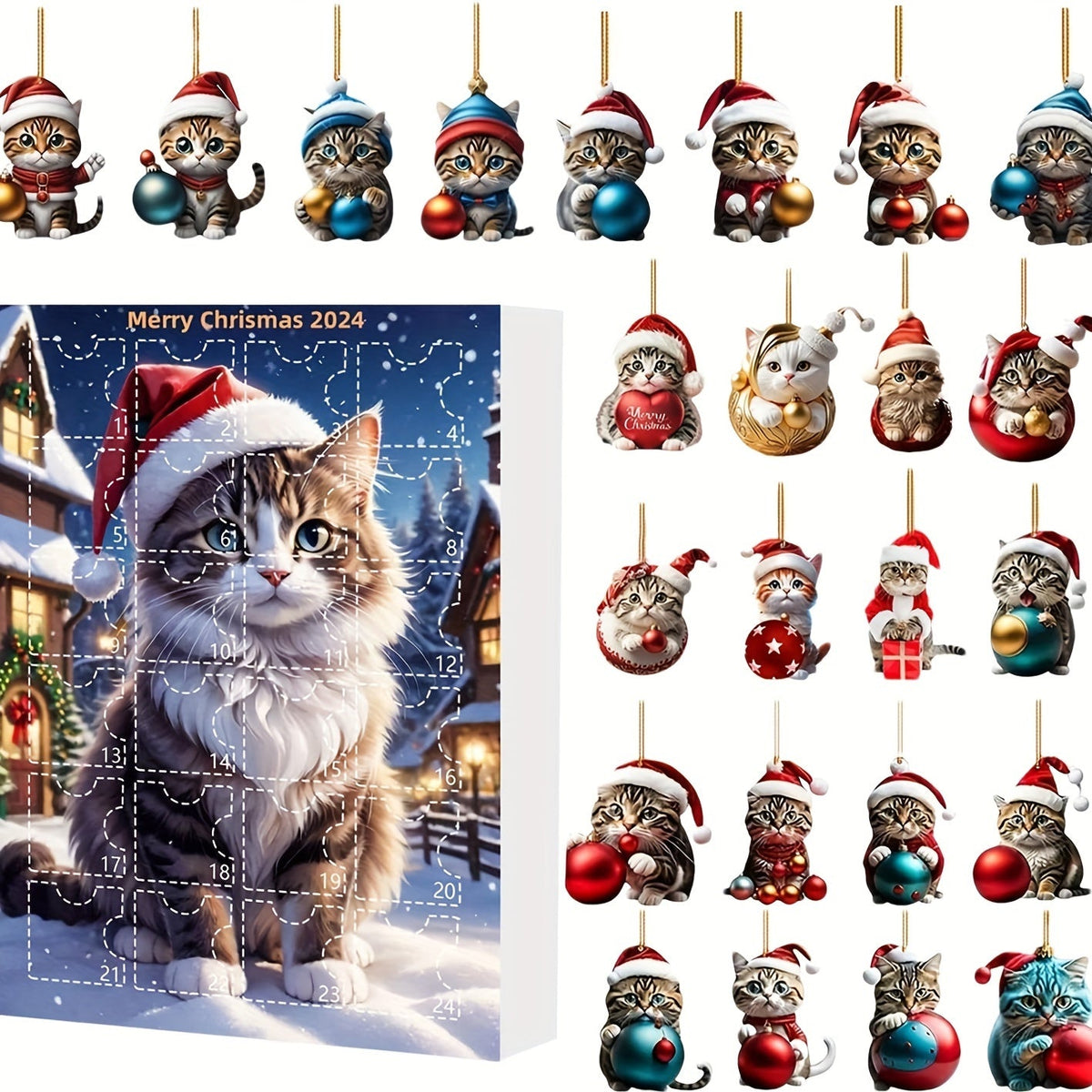 Kalendarz adwentowy Vintage Cats – 24-częściowy kalendarz bożonarodzeniowy z akrylowymi zawieszkami