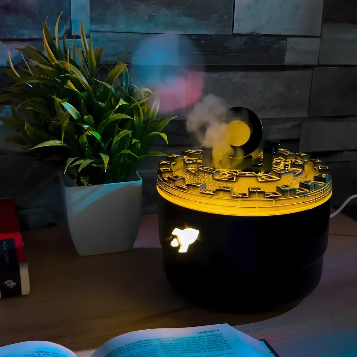 Dekoracyjny nawilżacz powietrza typu Cannon z diodami LED i funkcją aromaterapii