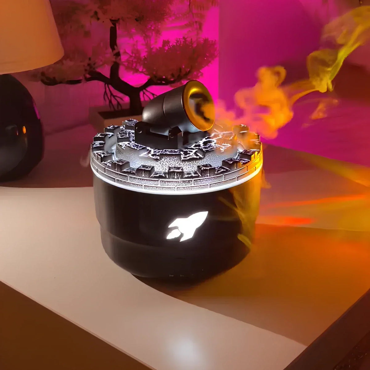 Dekoracyjny nawilżacz powietrza typu Cannon z diodami LED i funkcją aromaterapii