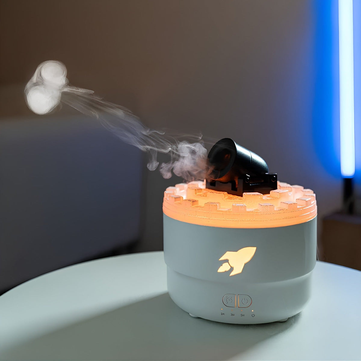 Dekoracyjny nawilżacz powietrza typu Cannon z diodami LED i funkcją aromaterapii