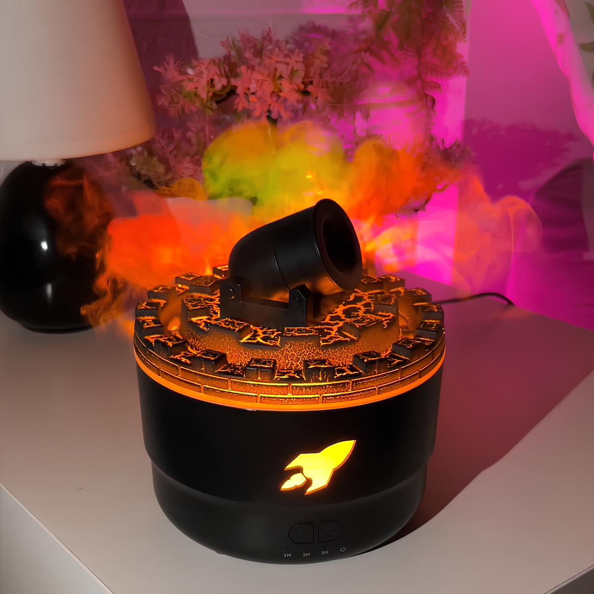 Dekoracyjny nawilżacz powietrza typu Cannon z diodami LED i funkcją aromaterapii