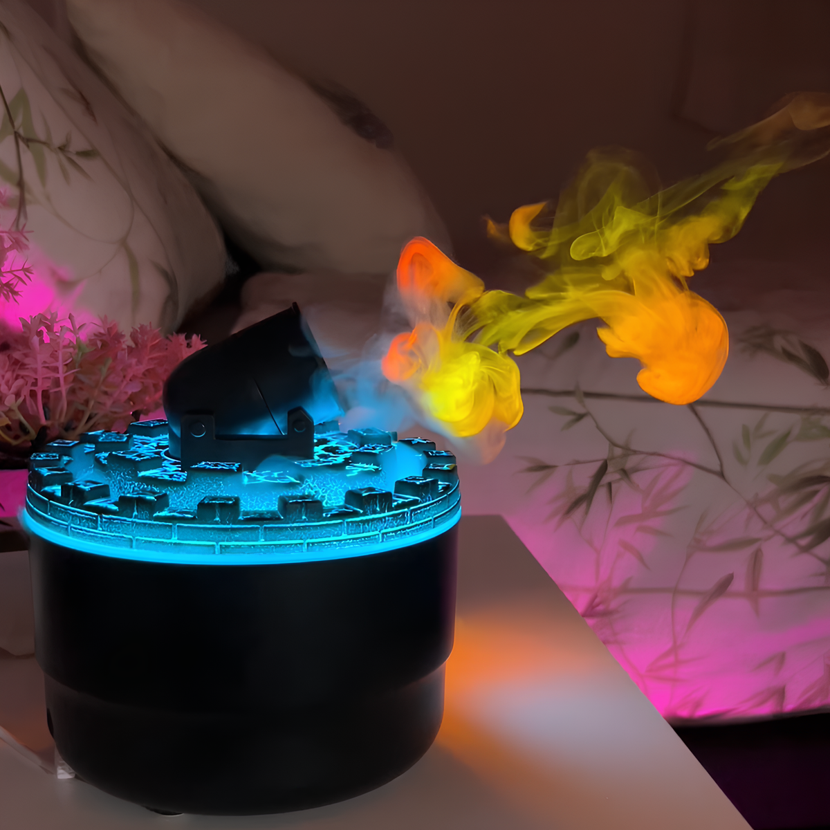Dekoracyjny nawilżacz powietrza typu Cannon z diodami LED i funkcją aromaterapii
