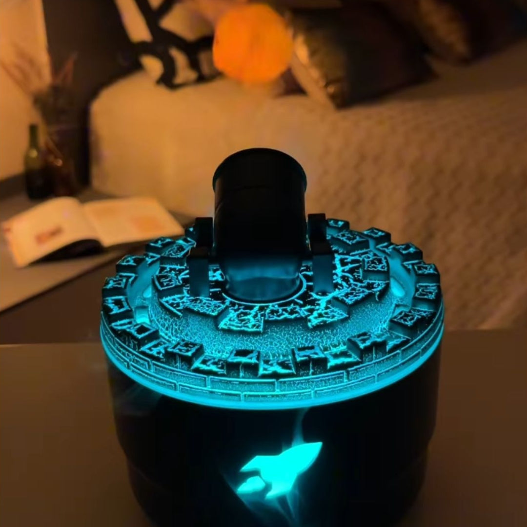 Dekoracyjny nawilżacz powietrza typu Cannon z diodami LED i funkcją aromaterapii